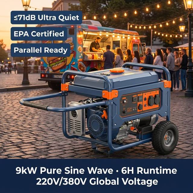 9kW Gasoline Inverter Generator EPA Certified ≤71dB Portable with Wheels Parallel Ready for Food Truck RV Home Backup