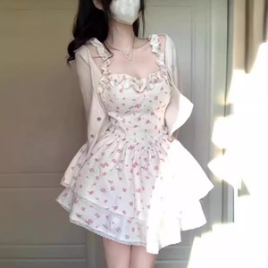 French Style White Floral Print Sundress For Women Sweetheart Neck <b>Elastic</b> Waist Princess Tulle <b>Skirt</b> Daily Casual Dress - Product Image 1