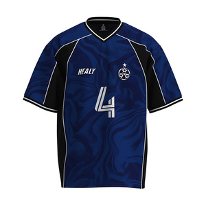 HEALY T-shirt Homme Col V Ample Respirant Séchage Rapide en Maille Imprimé Jersey Américain Contraste Bleu Marine et Noir Streetwear Été - Product Image 1