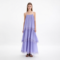 Robe longue plissée à bretelles fines en dentelle, style bohème fluide, coupe trapèze, pour femme, vente en gros sur mesure, couleur lavande