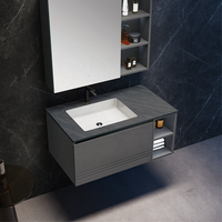 Meuble-lavabo de salle de bain modulaire minimaliste gris foncé de style européen avec rangement, miroir et vasque en céramique