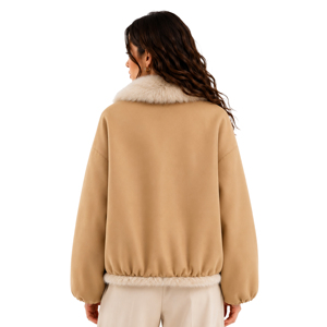 Chaqueta Bomber de Ante Sintético Beige para <span class=keywords><strong>Mujer</strong></span> con Logotipo Personalizado, Cuello y Dobladillo Desmontables de Piel Sintética de Zorro, Cierre de Cremallera, Estilo Holgado y Corto, Abrigo de Invierno - Product Image 3
