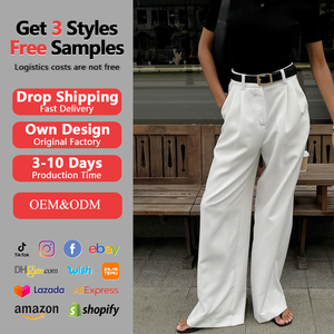 Cina produttore di abbigliamento all'ingrosso semplice Casual a vita alta bianco solido Chic Design <span class=keywords><strong>pantaloni</strong></span> eleganti larghi <span class=keywords><strong>pantaloni</strong></span> <span class=keywords><strong>lunghi</strong></span> da donna - Product Image 2
