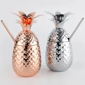 Custom Stainless Steel Drinking Cup Tumbler Copper Pineapple Cocktail Cup Beer Mug With Lid Straw