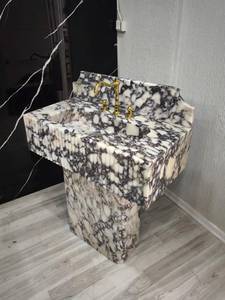 Lavabo Flotante de Mármol Natural de Lujo, Lavabo Integrado de Piedra, Encimera de Baño Montada en la Pared con Diseño Acanalado, Duradero - Product Image 2
