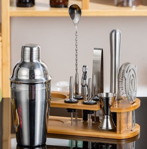 Set 12 potong, peralatan Bar ketel salju lengan <span class=keywords><strong>Blender</strong></span> pengocok Mixer baja tahan karat dengan nampan bingkai bambu - Product Image 2