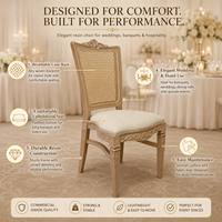 Chaise de banquet empilable en plastique imitation bois, style rotin, avec dossier coussiné, populaire pour la location d'événements, mariages et cérémonies (vente en gros)