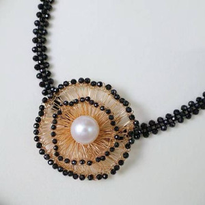 Handwoven <b>Choker</b> Necklace 14K Gold Filled, 11-12mm High Luster Natural Edison Pearl, Heavy Craft Black Spinel Statement Necklace - Product Image 2