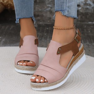 Women Retro Wedge <b>Sandals</b> Summer Thick Sole Color Block Hemp Rope Peep Toe <b>Sandals</b> - Product Image 3