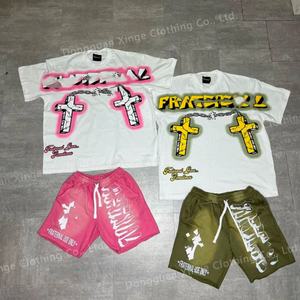 Camisetas de Alta Calidad con Logotipo Personalizado, Impresión en Pantalla, 300 g/m², Conjuntos de Camisetas de Algodón para Hombre, Conjuntos Deportivos Cortos de Verano con Lavado Ácido para Hombre - Product Image 5