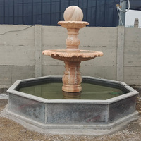 Fontaine à boule Feng Shui en pierre sculptée à la main, eau courante, sphère porte-bonheur rouge coucher de soleil, bassin paysager de style européen