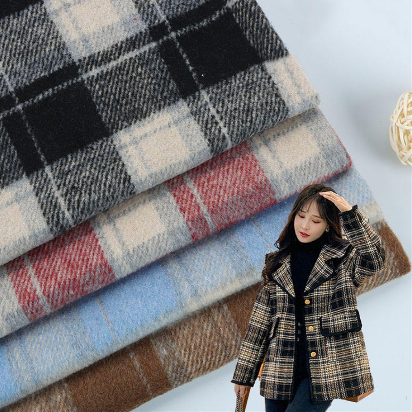 Factory Supplier Customizes Grid Design Organic Eco-friendly Yarn Woven Fleece Wool Polyester Medium Weight 300 GSM Tweed Fabric