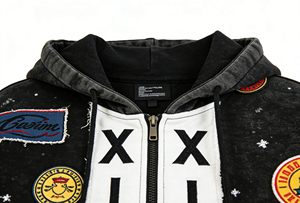 เสื้อฮู้ดดี้ผ้าฝ้ายยั่งยืนสำหรับผู้ชาย ลวดลายฟอกสีแบบ Distressed พร้อมแพทช์สั่งทำพิเศษ ทรงโอเวอร์ไซส์ สไตล์สตรีทแวร์ แบบซิป - Product Image 3