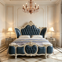 Lit King Size Grand Royal en Bois Massif avec Tête de Lit Rembourrée en Cuir de Vachette Indigo Profond et Boutons – Ensembles de Chambre à Coucher