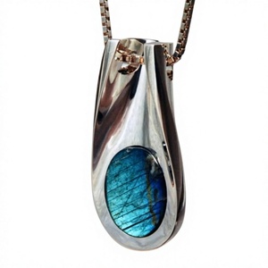 Stainless Steel Water Drop Pendant Necklace with Natural Stone Bezel Setting Minimalist Design Box <b>Chain</b> Unisex Jewelry - Product Image 1