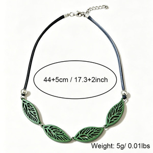 Dark Leather Cord Choker Four Hollow Cutout Green Leaf Pendant Silver Bead Women Nature Boho Neck Jewelry - Product Image 2