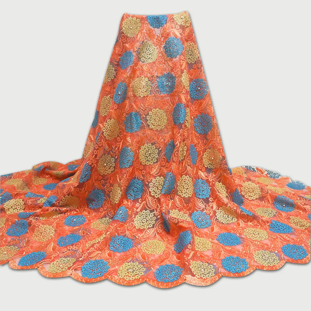Tissu africain en maille française avec perles, longueur 5 yards, dentelle personnalisée, vente en gros, orange, nouvelle collection
