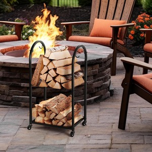 Support à bois mobile en métal <span class=keywords><strong>avec</strong></span> roues et 4 crochets – Organisateur de rangement pour bûches intérieur/extérieur pour cheminée/patio/brasero – Noir, écologique, moderne - Product Image 5