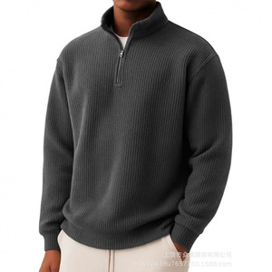 Factory Wholesale Custom Men's Waffle 1/4Zip <strong>Neck</strong> Pullover <strong>Jumper</strong> Pure Color Long Sleeve <strong>Polo</strong> Shirt Knitwear Men Pullover - Product Image 4