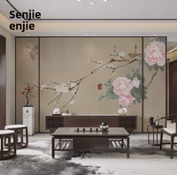 Nouveau papier peint mural sans couture en soie, motif pivoine et oiseaux, style classique chinois, imperméable, antistatique, peint à la main, pour salon et maison