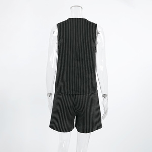 Damen Sommer <span class=keywords><strong>Casual</strong></span> Locker Gestreiftes V-Ausschnitt Ärmelloses Knopfleisten-Top und Shorts Zweiteiliges Set - Product Image 6
