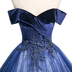 Elegant Navy Blue Off-The-Shoulder Evening Dress With Floral Print And Sheer Layer Long Tutu Skirt Empire Waistline - Product Image 5