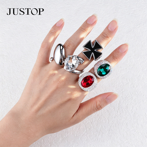 Bagues de cocktail pour femmes JUSTOP, plaquées argent, alliage, zircone cubique, pierre ovale, bijoux de fête, style glamour - Product Image 1
