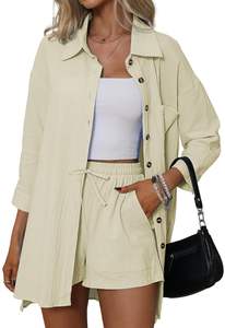 Ensemble 2 pièces chemise et short en coton et lin pour femme – Vêtements en lin personnalisés de haute qualité – Ensembles en coton et lin pour femme - Product Image 4