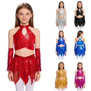 Traje de competición de baile de salón y jazz para niñas de 6 a 16 años, conjunto metálico con top corto, falda y guantes. - Product Image 1