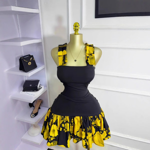 ชุดเดรสสั้นแฟชั่นฤดูร้อนแบบใหม่สำหรับผู้หญิง แขนกุด พิมพ์ลาย คอแบบผูก แต่งระบาย - Product Image 3