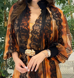 Vestido Abaya Musulmán Modesto <span class=keywords><strong>con</strong></span> Estampado Degradado, <span class=keywords><strong>Encaje</strong></span> <span class=keywords><strong>y</strong></span> Chifón, Vestido Largo Maxi <span class=keywords><strong>con</strong></span> Cinturón <span class=keywords><strong>y</strong></span> Mangas Abullonadas, Traje de Noche para Fiesta de Eid para Mujer - Product Image 2