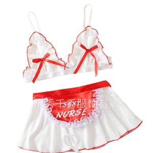Lencería sexy de exportación europea y americana, conjunto rojo de tres piezas con encaje, estilo uniforme de sirvienta. - Product Image 5