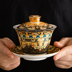 Cloisonn Silver Three Piece Gaiwan Teacup With Lid Porcelain Infuser Dehua Kung Fu <b>Tea</b> <b>Set</b> For Home Use - Product Image 1