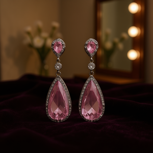 Boucles d'oreilles en cristal rose pour femmes, en argent 925, en forme de goutte d'eau, bijoux romantiques pour fête, E1468 - Product Image 2