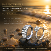 Ensemble de bagues ajustables en moissanite 1 carat couleur D VVS 3EX, avec bande large géométrique pour homme et bague classique en argent S925 plaqué rhodium pour femme