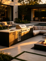 Îlot de cuisine extérieur en acier inoxydable résistant aux intempéries avec barbecue à gaz, réfrigérateur encastré et abri pour l'aménagement paysager de villas côtières