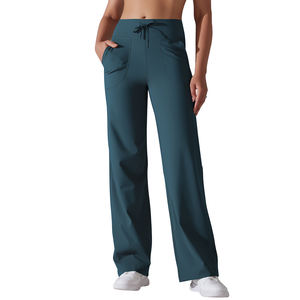 Venta al por mayor de logotipo personalizado transpirable correr Fitness bolsillo de cintura alta elástico suelto Casual pierna ancha pantalones de Yoga - Product Image 1