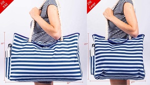Femmes 100% coton bleu rayé <span class=keywords><strong>XXL</strong></span> imperméable plage fourre-tout sac à provisions haut aimant fermoir bandoulière corde poignées pour voyage - Product Image 6