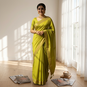 Sari de Seda Premium Verde Lima Mangal Giri para Invierno y Verano, Elegante, Hecho a Mano, Tradicional, para Fiestas y Celebraciones, de Secado Rápido - Product Image 1