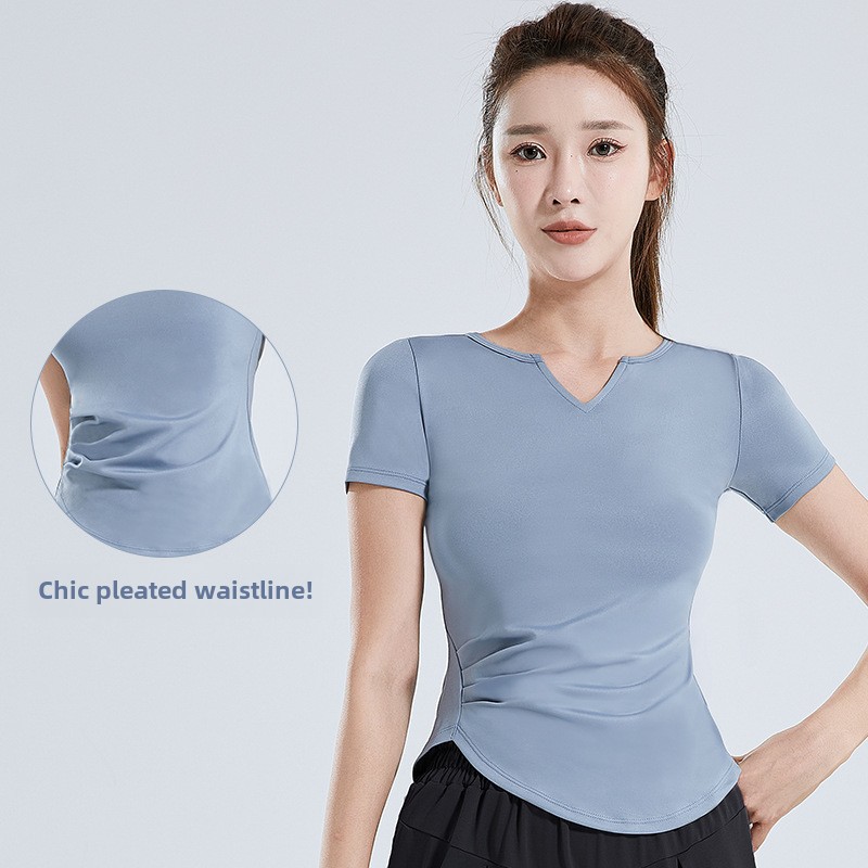 Women's Pleated Short-Sleeved Sports Top Quick-Drying V-Neck Fitness T-Shirt for Summer Running Yoga Solid Nude XL Size Knitted