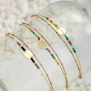 Distinctive round charm 18k gold plated double chain colorful beaded stainless steel bracelets For woman