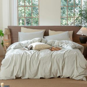 Cổ điển 100% bông 3-mảnh Duvet cover Set trắng và Sage màu xanh lá cây sọc vượt thời gian thoải mái cho phòng ngủ hợp thời trang trang trí nội thất - Product Image 4