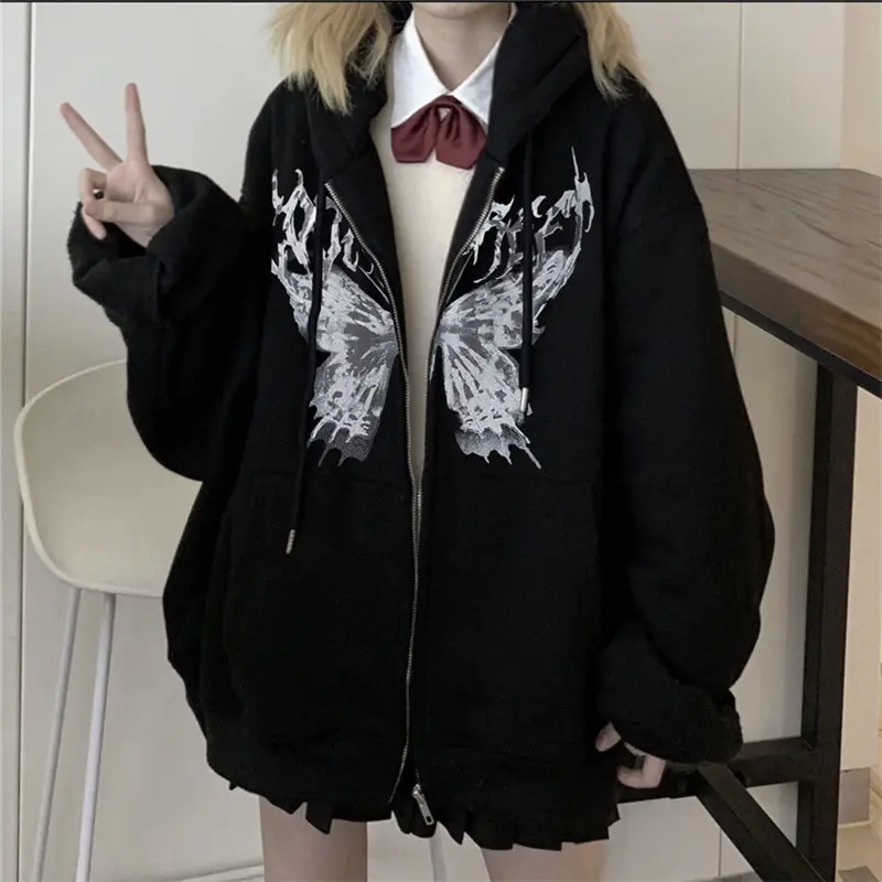 Hip Hop fermuar kelebek estetik kapşonlu Sweatshirt kadın Goth Punk ceket ceket Harajuku siyah kelebek Hoodies