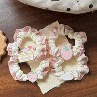 Mignon chouchou rose en dentelle à carreaux avec décorations fraise et ailes, attache-cheveux pour queue de cheval pour jeunes filles