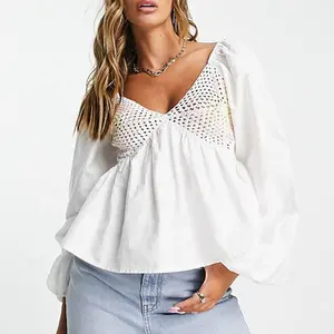 Outono inverno novo estilo peplum blusa sopro manga sexy v neck crochet top para as mulheres