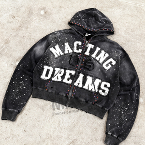 Sweat à capuche zippé personnalisé 420 g/m² épais, broderie délavée, effet vieilli, délavé à l'acide, strass en diamant - Product Image 1