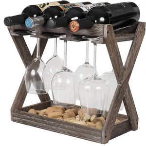 Oferta Especial: Estante para Vino Rústico de Madera Maciza para 4 Botellas con Espacio para 6 Copas y Almacenamiento de Corchos, Organizador Independiente para Encimera - Product Image 1
