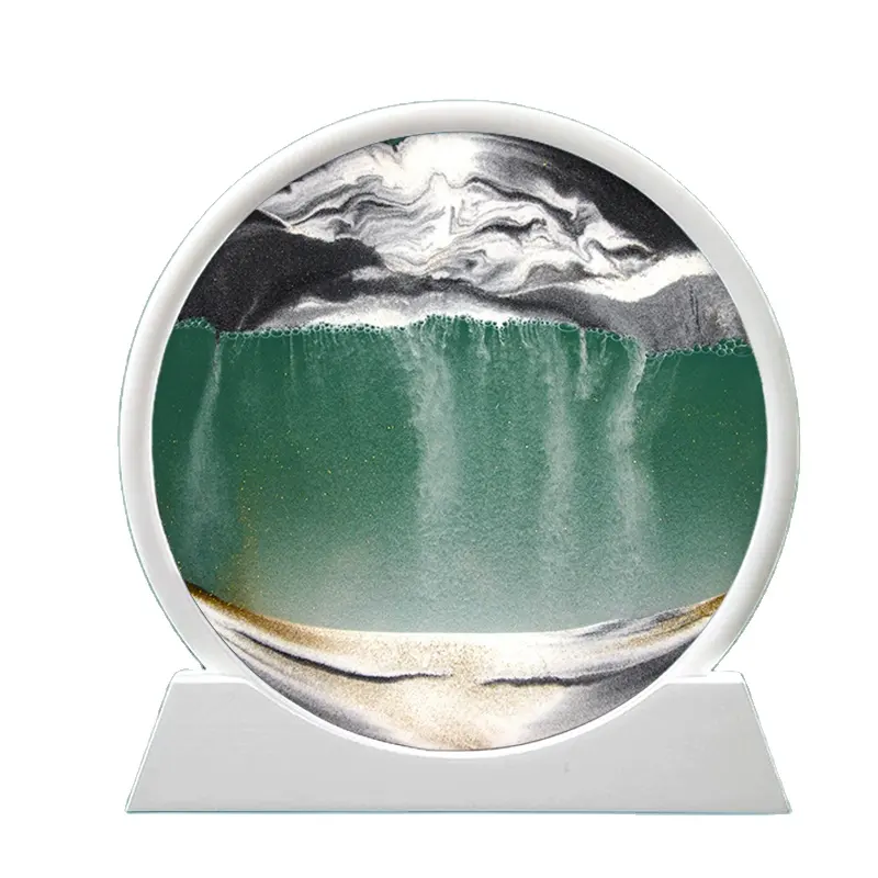 Commercio all'ingrosso pittura decorativa di arte della sabbia della montagna della clessidra di vetro rotondo e cornice bianca 3D immagine di arte della sabbia in movimento