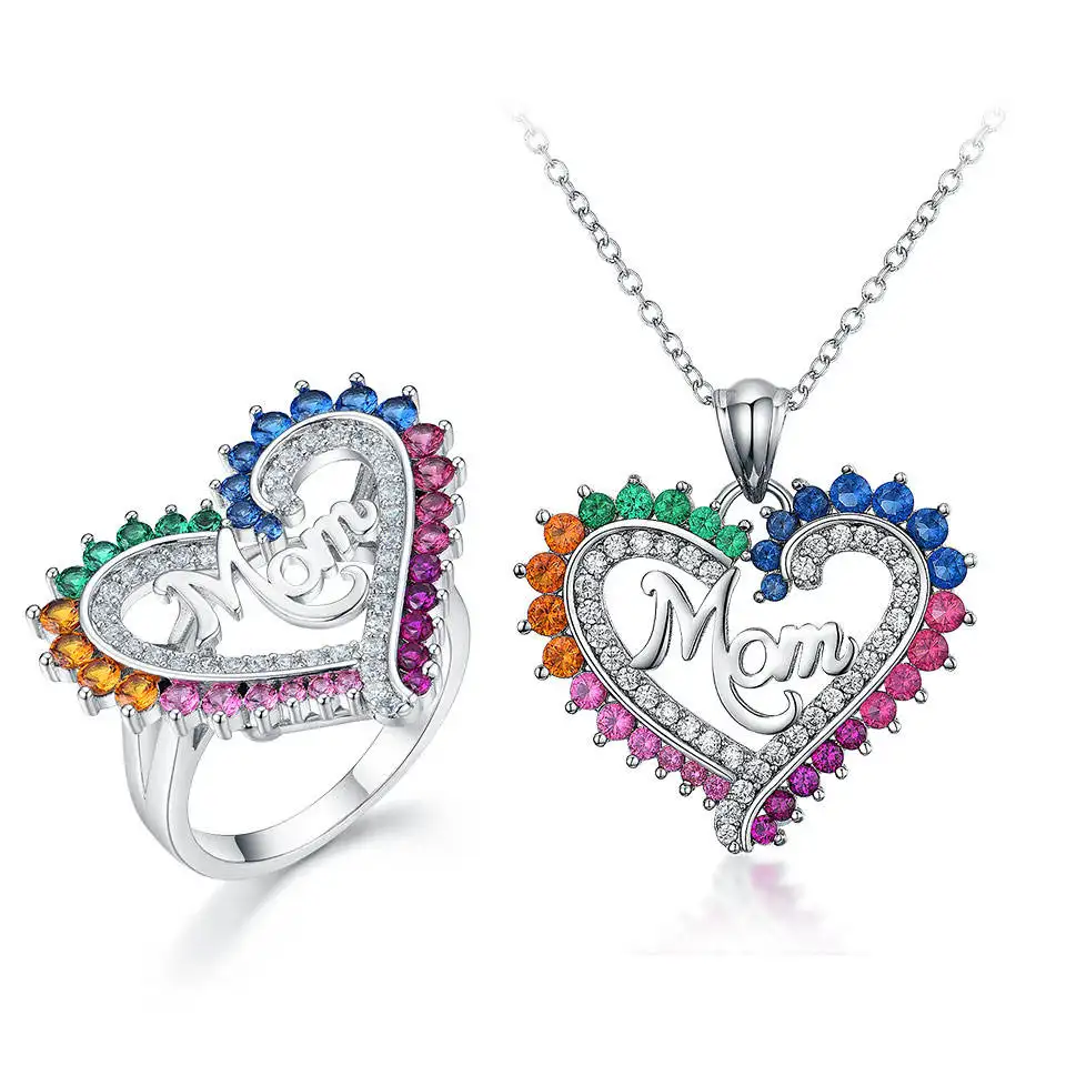 925 argent Sterling maman coeur pendentif collier bague pour femmes fête des mères bijoux cadeaux pour maman ensemble de bijoux