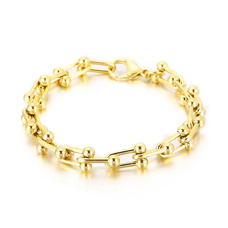 18K Gold Plated Stainless Steel Pinball U Shaped Linked Chain Bracelet Women's Bold Chunky Linked Chain Bracelet